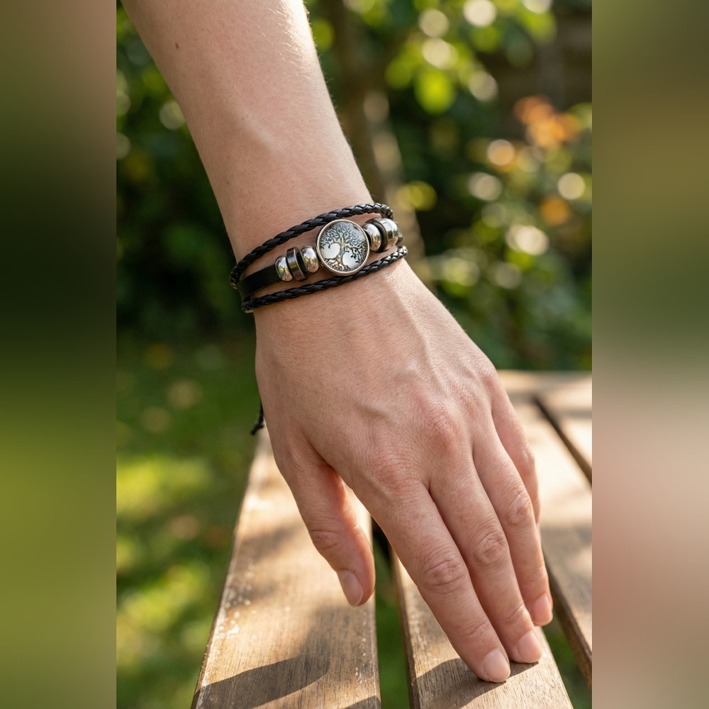 Braided Rope Black and Silver Tree Of Life Bracelet